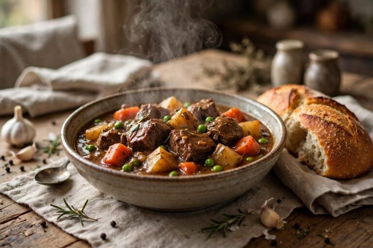 A bowl of slow cooker beef stew with tender beef, potatoes, and carrots in rich gravy