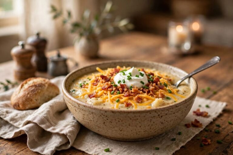 A bowl of loaded baked potato soup topped with cheese, sour cream, and chives