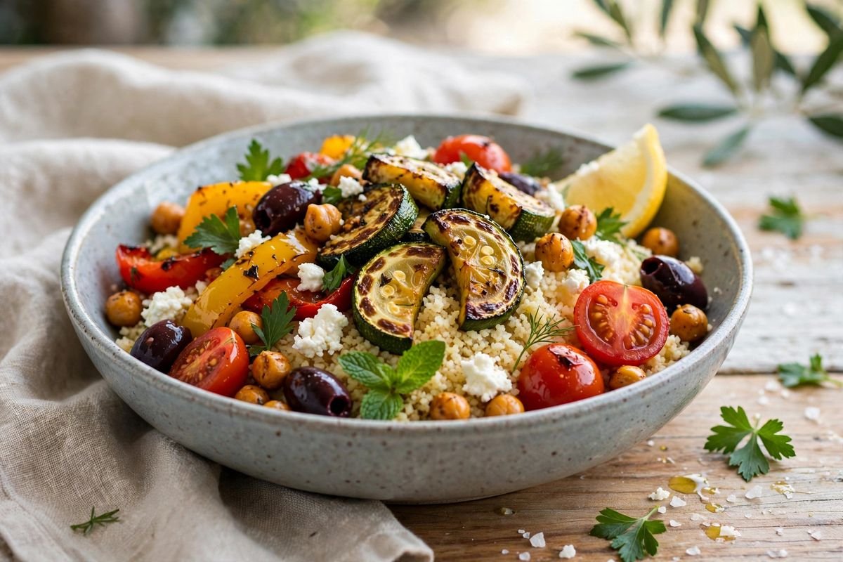 A Mediterranean couscous bowl with roasted vegetables, chickpeas, feta, and lemon