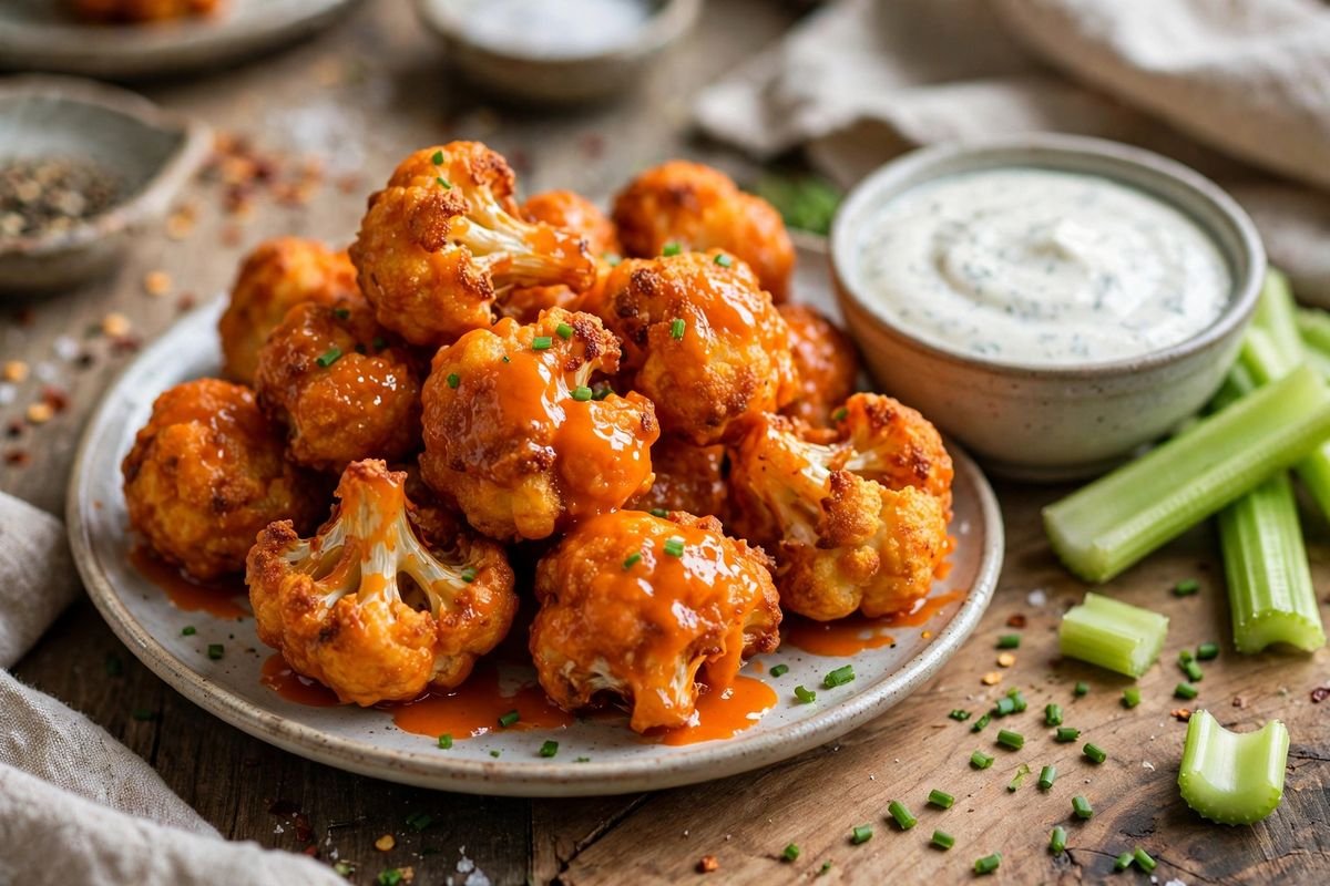 Crispy buffalo cauliflower bites with ranch dip and celery sticks on a platter
