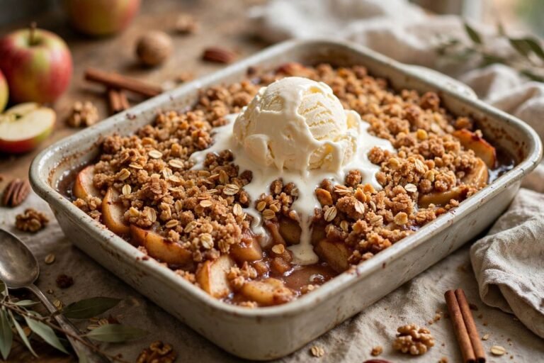 A classic apple cinnamon crumble with golden oat topping in a baking dish, served with ice cream