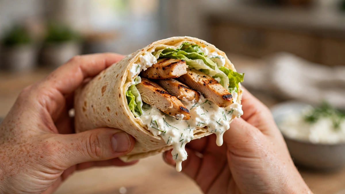 Hands holding a wrapped cottage cheese protein tortilla